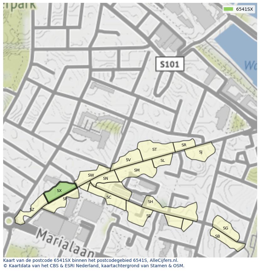 Afbeelding van het postcodegebied 6541 SX op de kaart.
