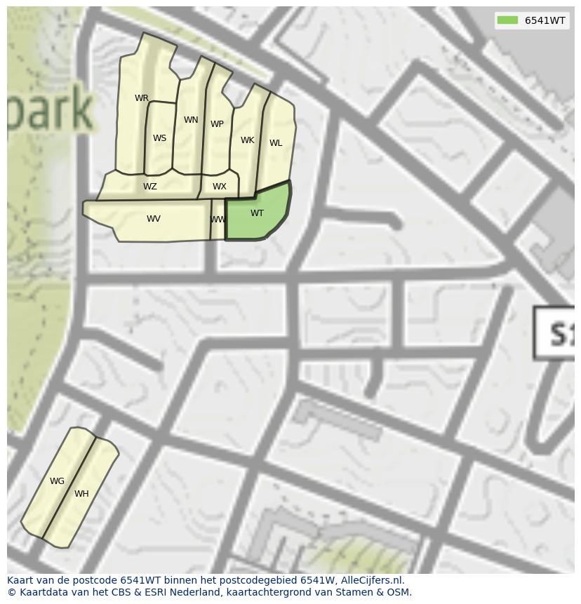 Afbeelding van het postcodegebied 6541 WT op de kaart.