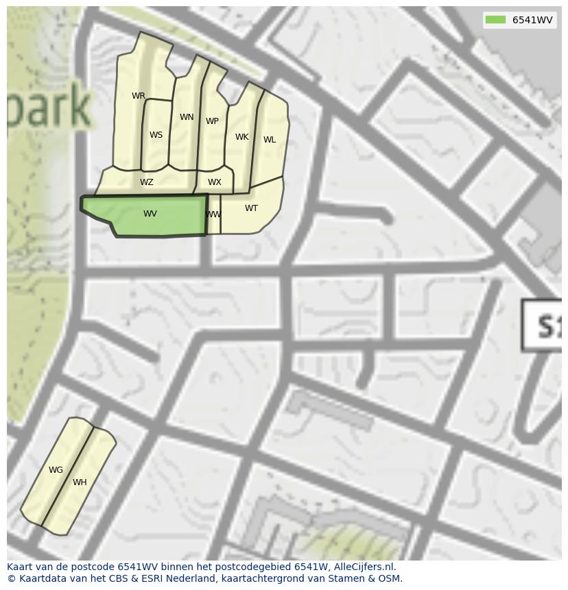 Afbeelding van het postcodegebied 6541 WV op de kaart.