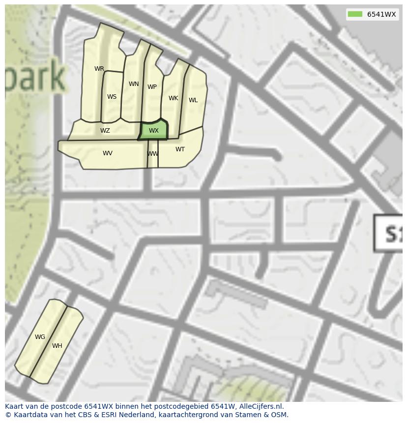 Afbeelding van het postcodegebied 6541 WX op de kaart.