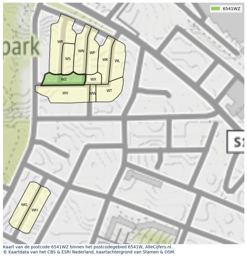Afbeelding van het postcodegebied 6541 WZ op de kaart.