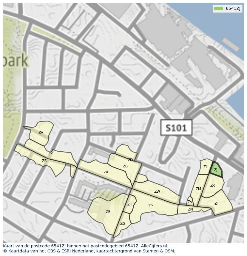 Afbeelding van het postcodegebied 6541 ZJ op de kaart.