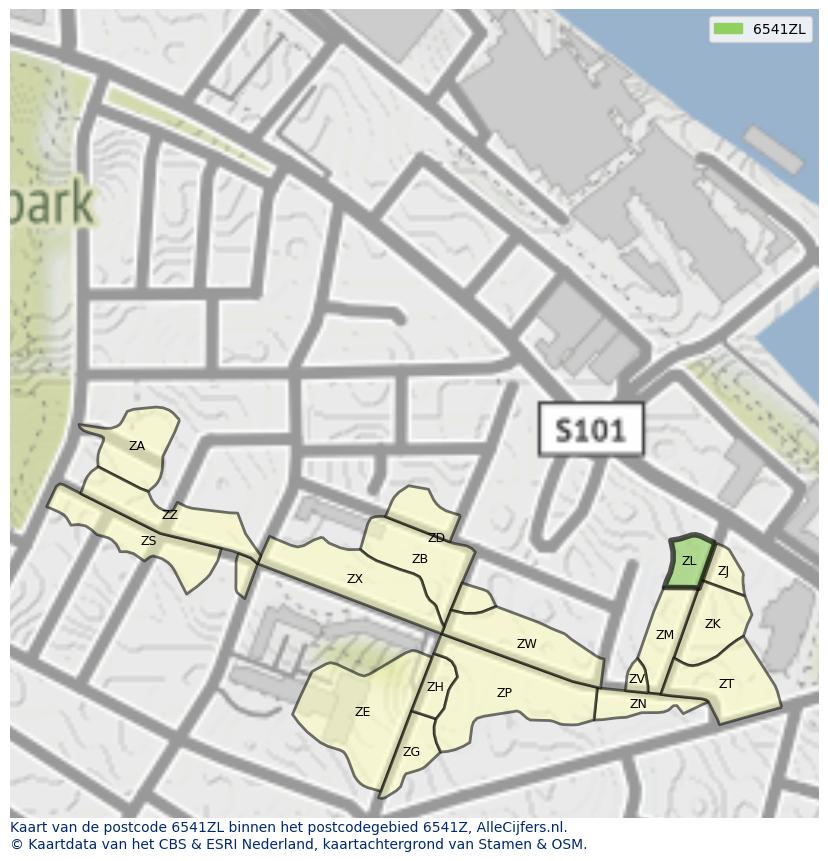 Afbeelding van het postcodegebied 6541 ZL op de kaart.