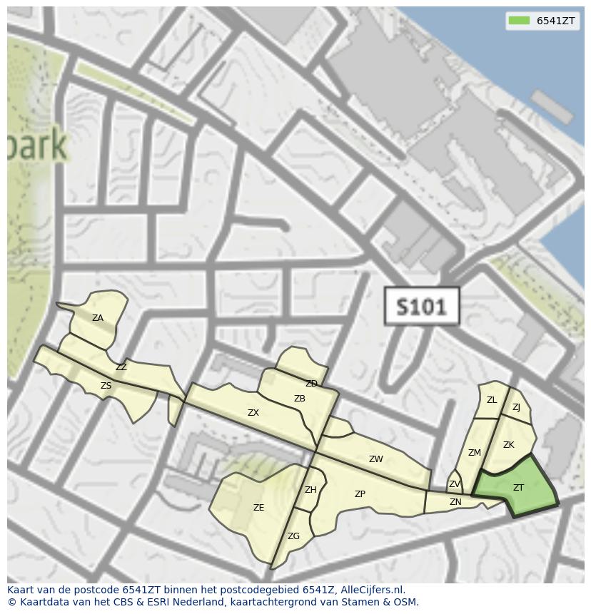 Afbeelding van het postcodegebied 6541 ZT op de kaart.