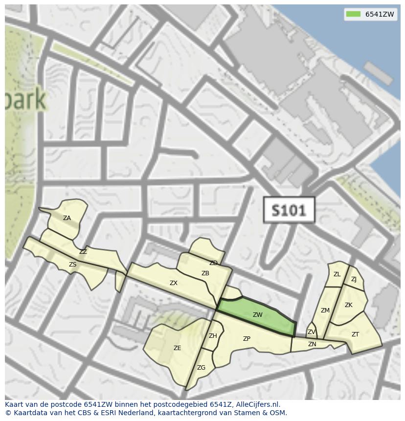 Afbeelding van het postcodegebied 6541 ZW op de kaart.