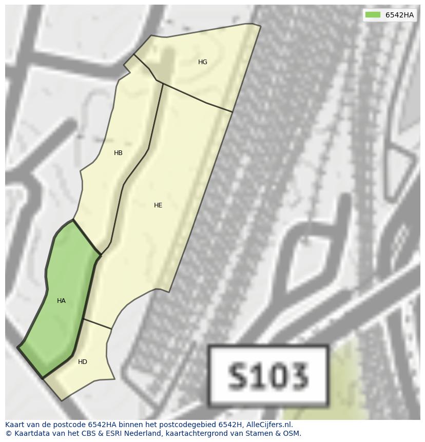 Afbeelding van het postcodegebied 6542 HA op de kaart.