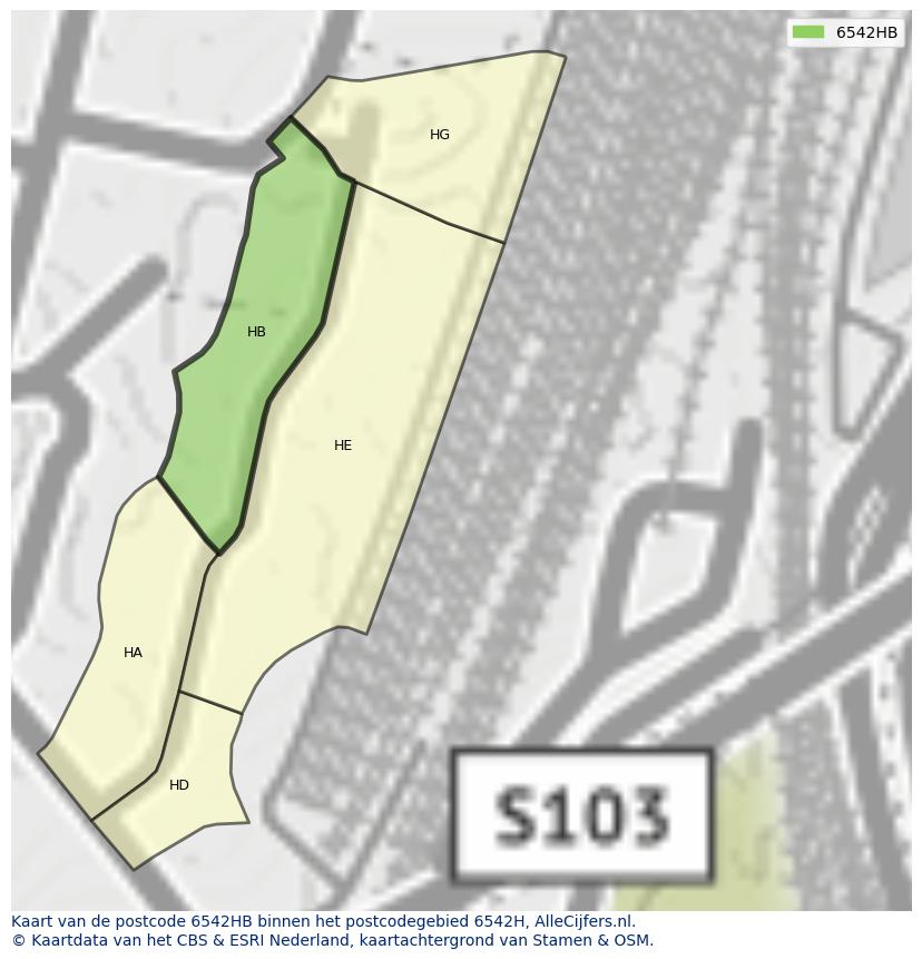 Afbeelding van het postcodegebied 6542 HB op de kaart.