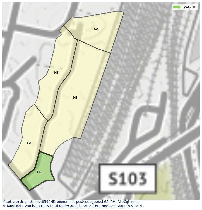 Afbeelding van het postcodegebied 6542 HD op de kaart.