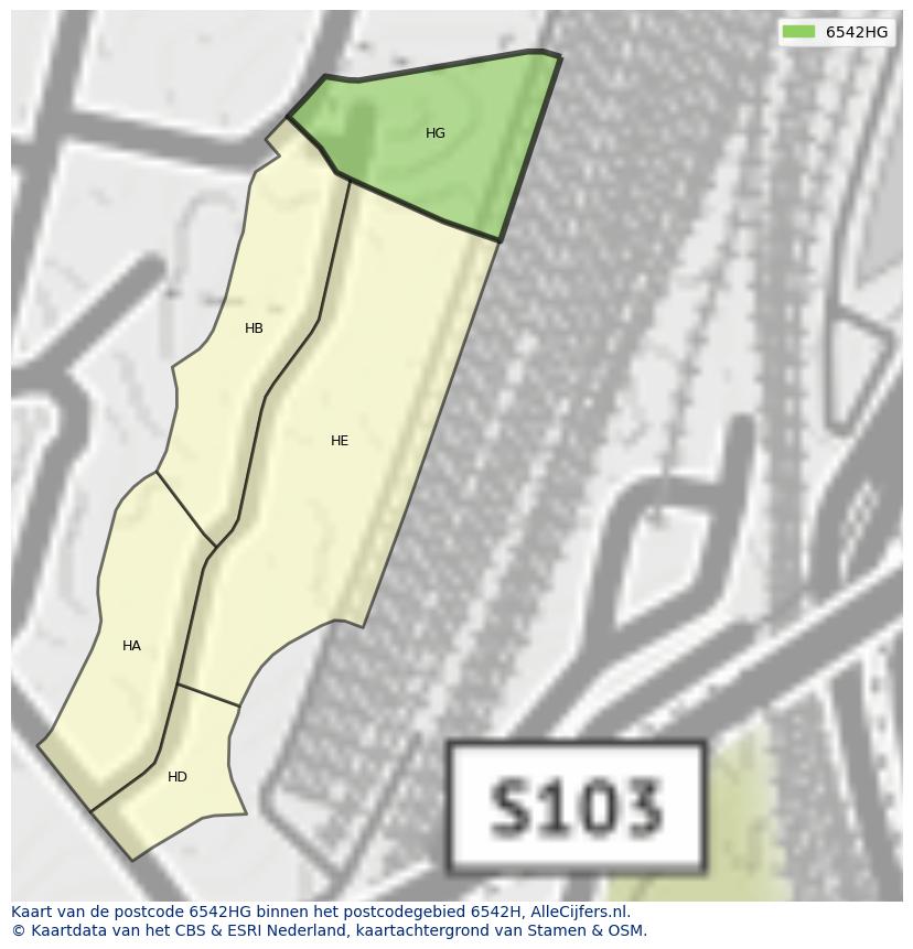 Afbeelding van het postcodegebied 6542 HG op de kaart.