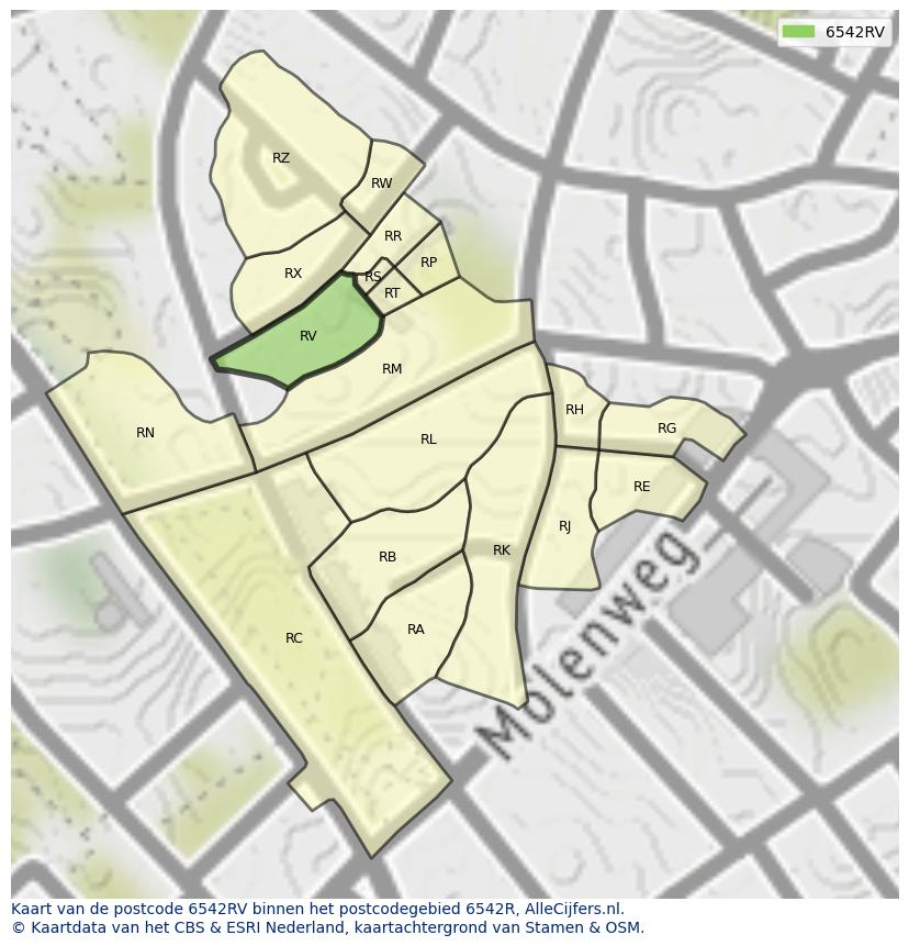 Afbeelding van het postcodegebied 6542 RV op de kaart.