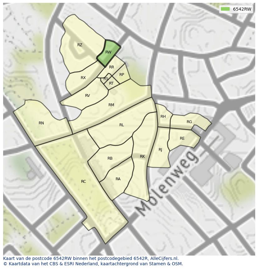 Afbeelding van het postcodegebied 6542 RW op de kaart.