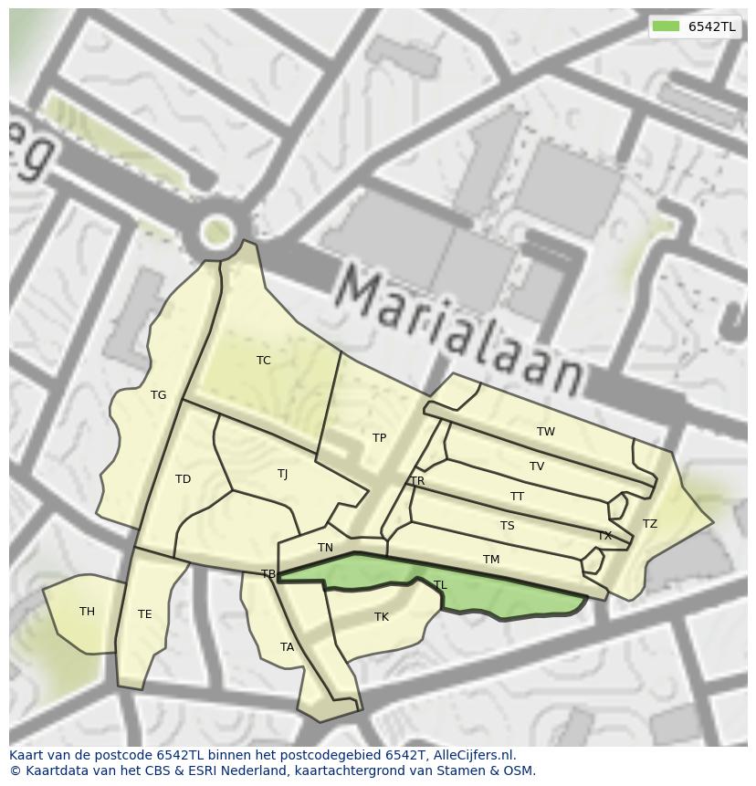 Afbeelding van het postcodegebied 6542 TL op de kaart.