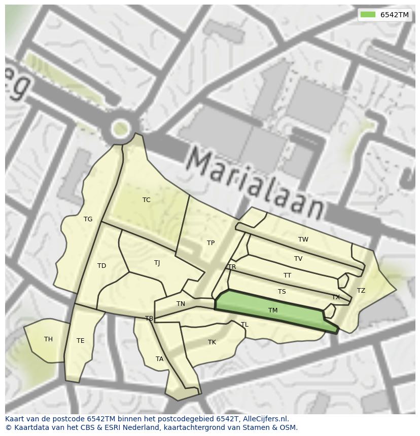 Afbeelding van het postcodegebied 6542 TM op de kaart.
