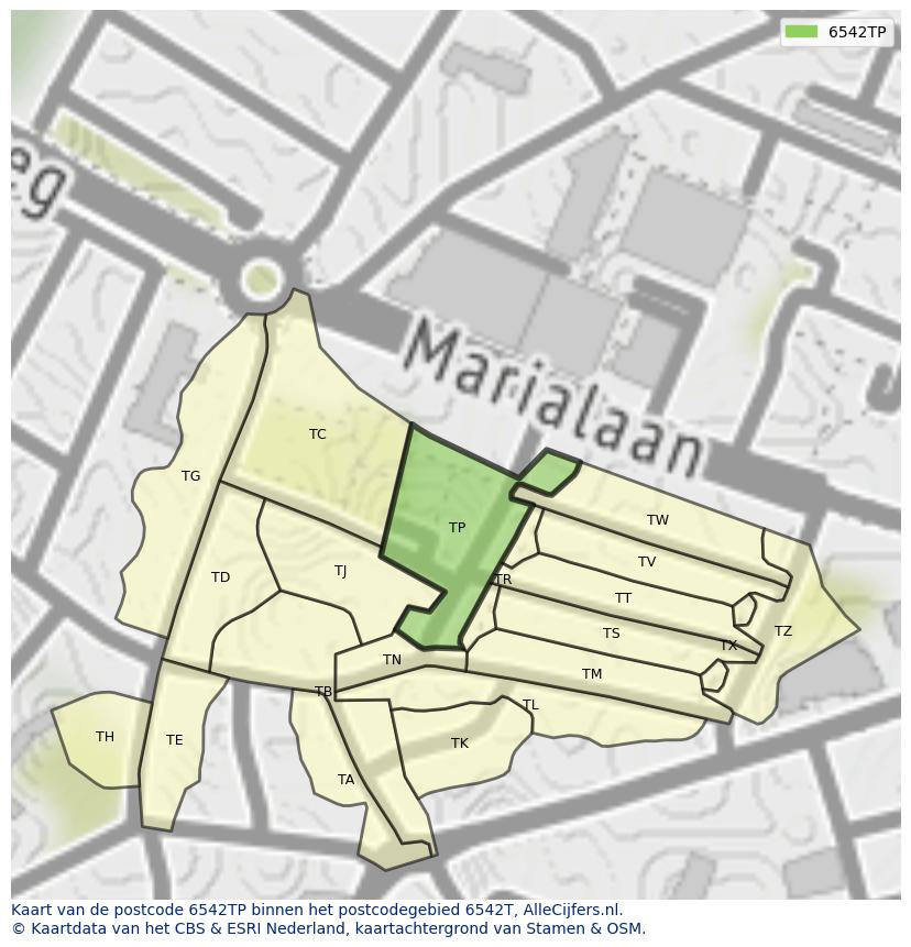 Afbeelding van het postcodegebied 6542 TP op de kaart.