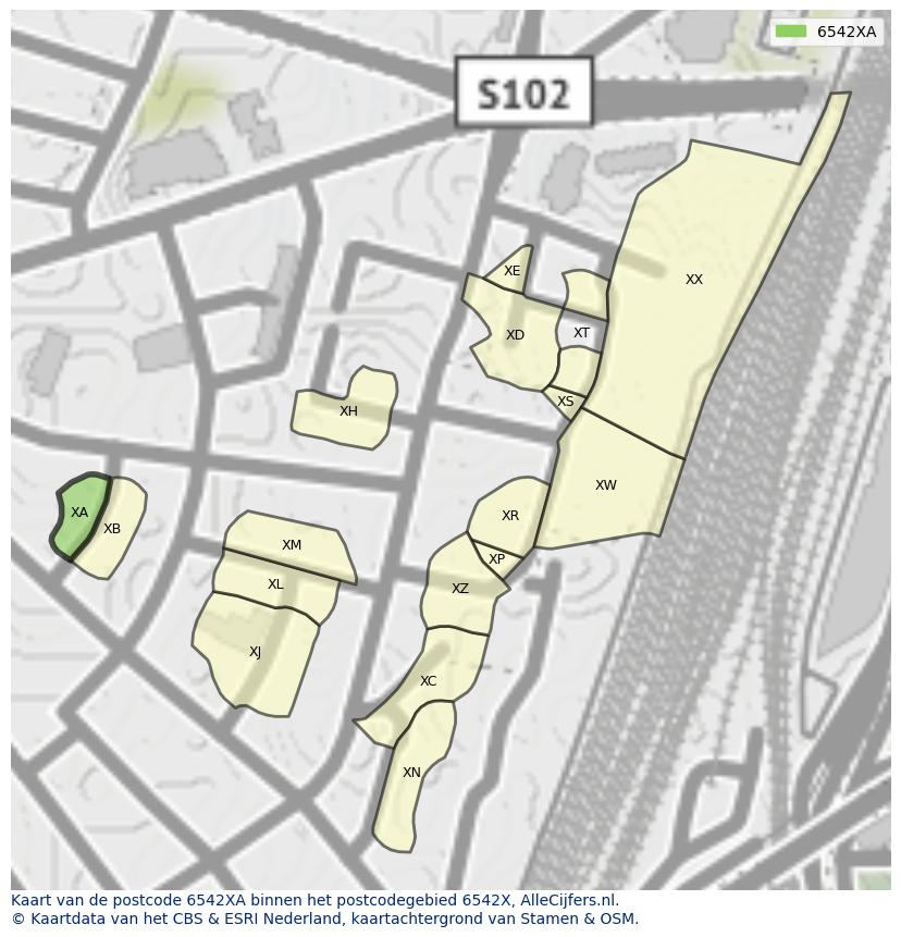 Afbeelding van het postcodegebied 6542 XA op de kaart.