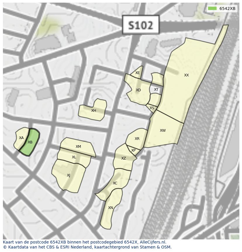 Afbeelding van het postcodegebied 6542 XB op de kaart.