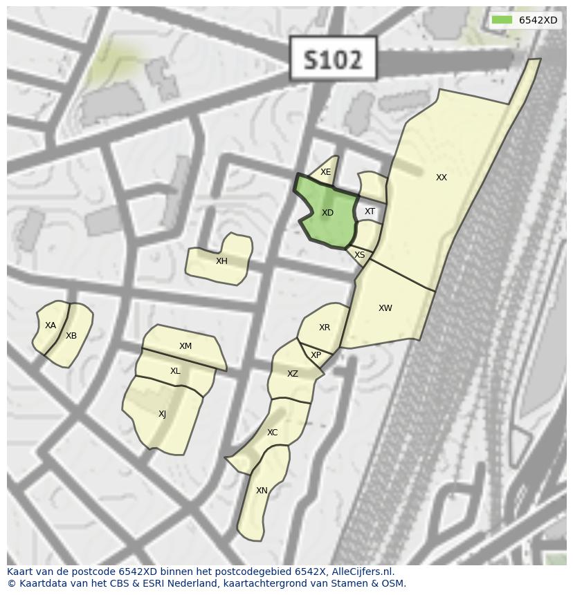 Afbeelding van het postcodegebied 6542 XD op de kaart.