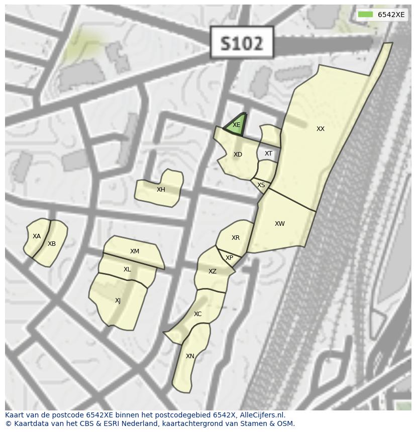 Afbeelding van het postcodegebied 6542 XE op de kaart.