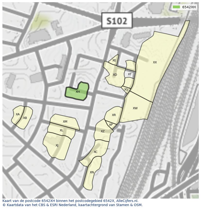 Afbeelding van het postcodegebied 6542 XH op de kaart.