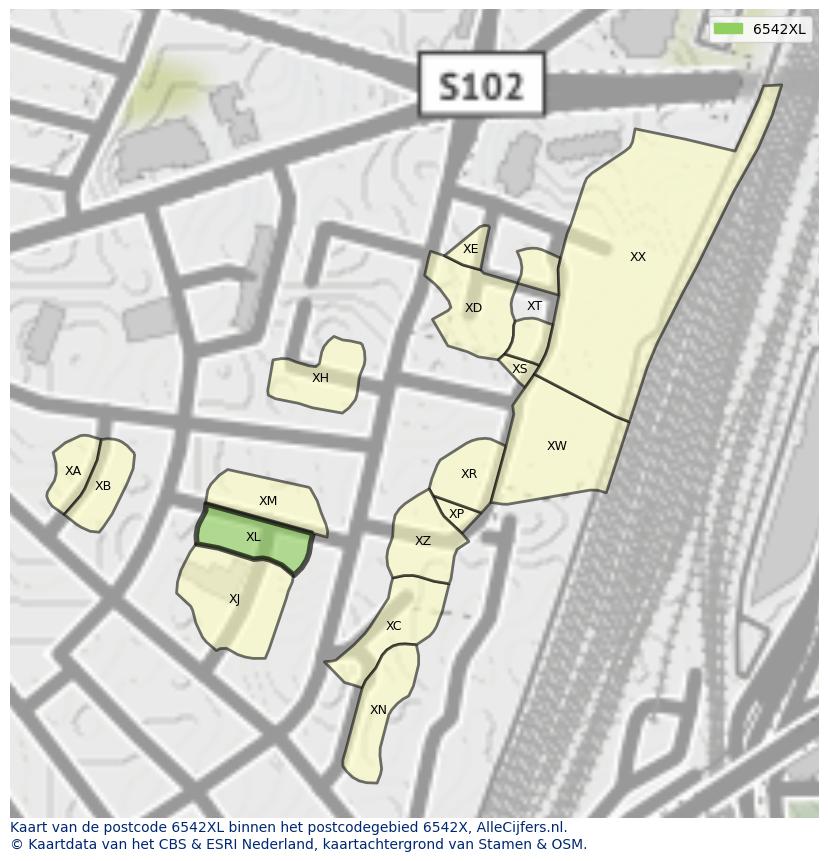 Afbeelding van het postcodegebied 6542 XL op de kaart.