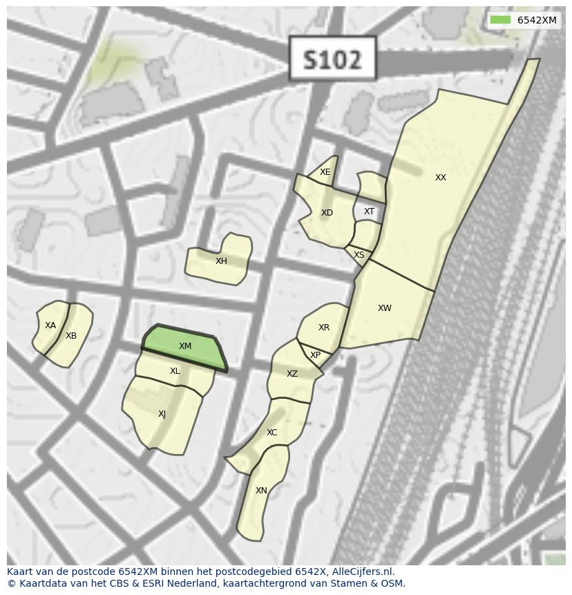 Afbeelding van het postcodegebied 6542 XM op de kaart.