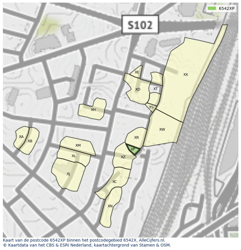Afbeelding van het postcodegebied 6542 XP op de kaart.