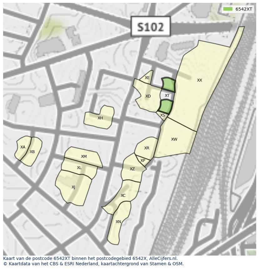 Afbeelding van het postcodegebied 6542 XT op de kaart.