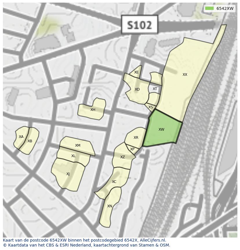 Afbeelding van het postcodegebied 6542 XW op de kaart.