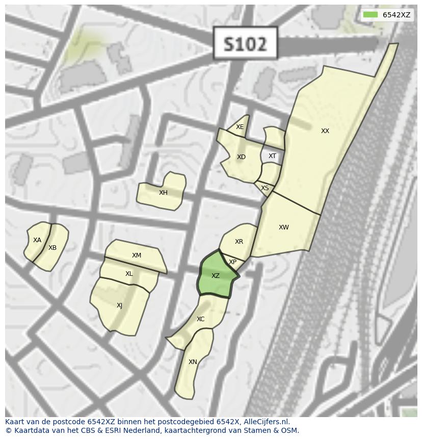 Afbeelding van het postcodegebied 6542 XZ op de kaart.
