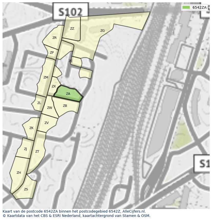 Afbeelding van het postcodegebied 6542 ZA op de kaart.