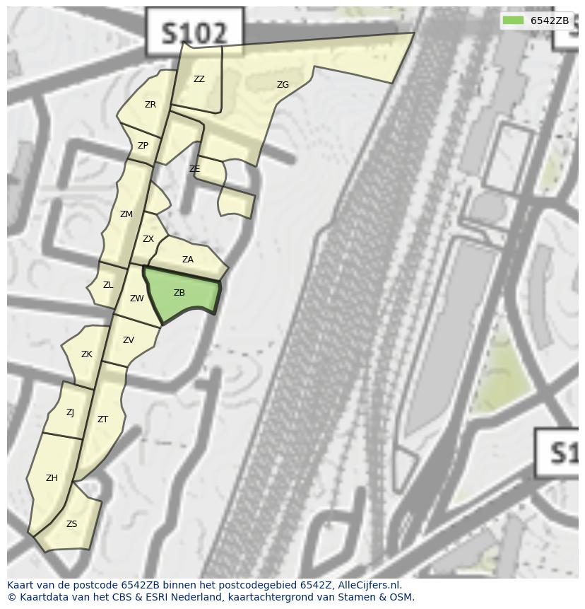 Afbeelding van het postcodegebied 6542 ZB op de kaart.