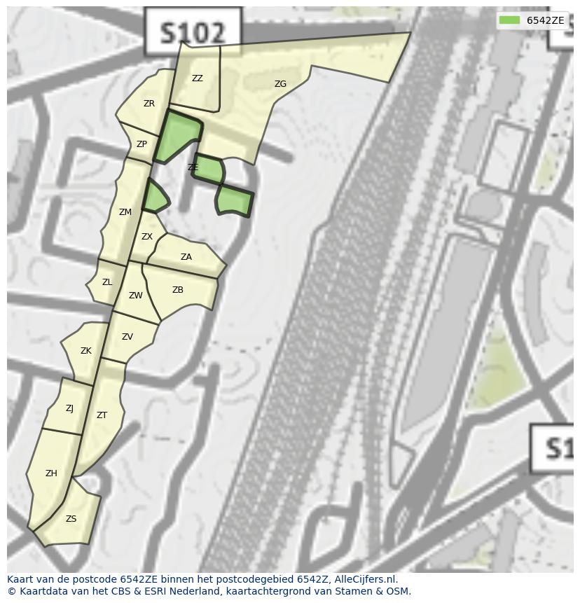 Afbeelding van het postcodegebied 6542 ZE op de kaart.