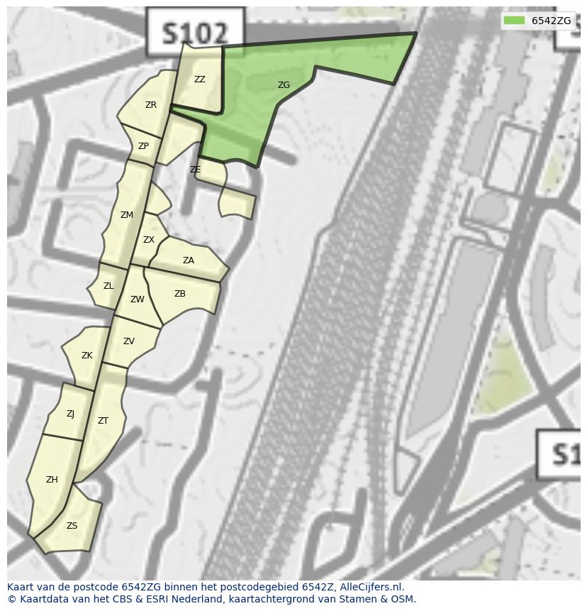 Afbeelding van het postcodegebied 6542 ZG op de kaart.