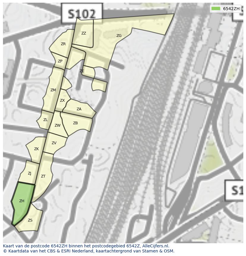 Afbeelding van het postcodegebied 6542 ZH op de kaart.