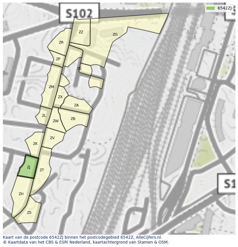 Afbeelding van het postcodegebied 6542 ZJ op de kaart.