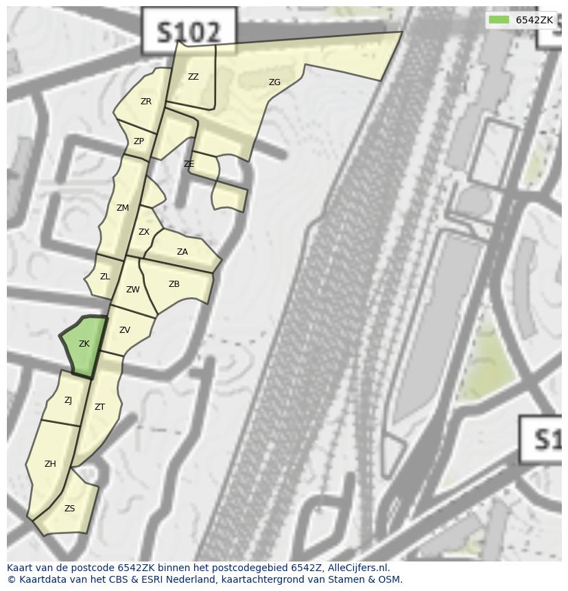 Afbeelding van het postcodegebied 6542 ZK op de kaart.