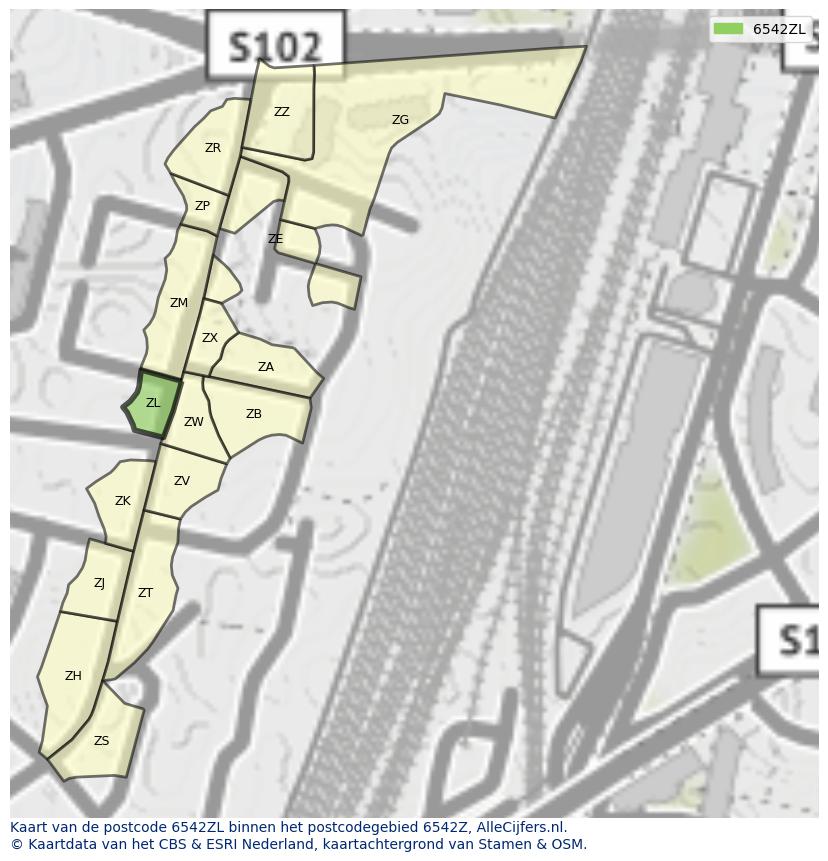Afbeelding van het postcodegebied 6542 ZL op de kaart.