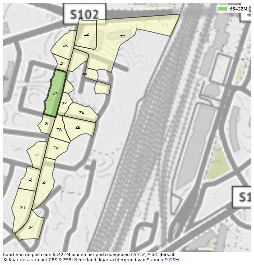 Afbeelding van het postcodegebied 6542 ZM op de kaart.