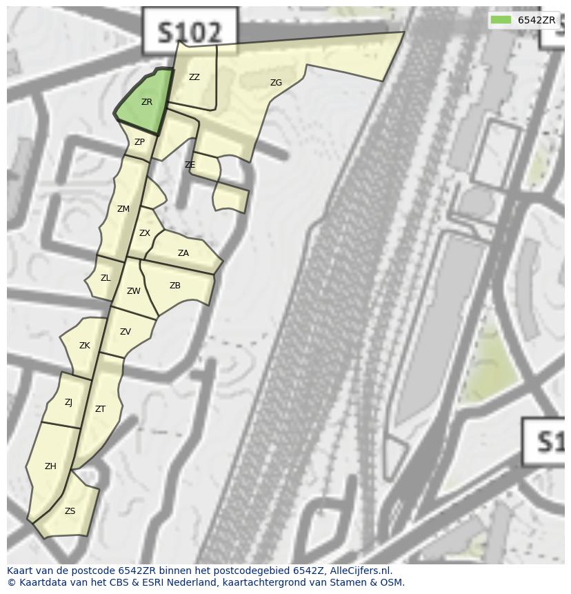 Afbeelding van het postcodegebied 6542 ZR op de kaart.