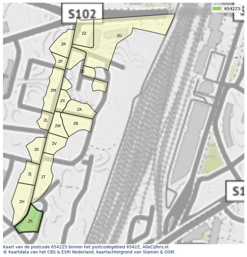 Afbeelding van het postcodegebied 6542 ZS op de kaart.