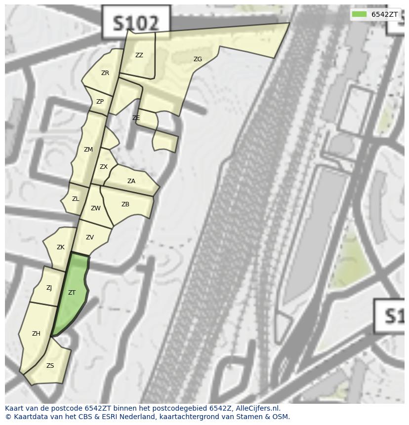 Afbeelding van het postcodegebied 6542 ZT op de kaart.