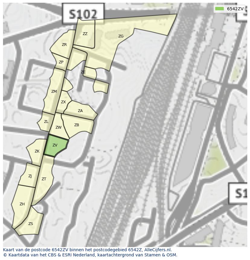 Afbeelding van het postcodegebied 6542 ZV op de kaart.