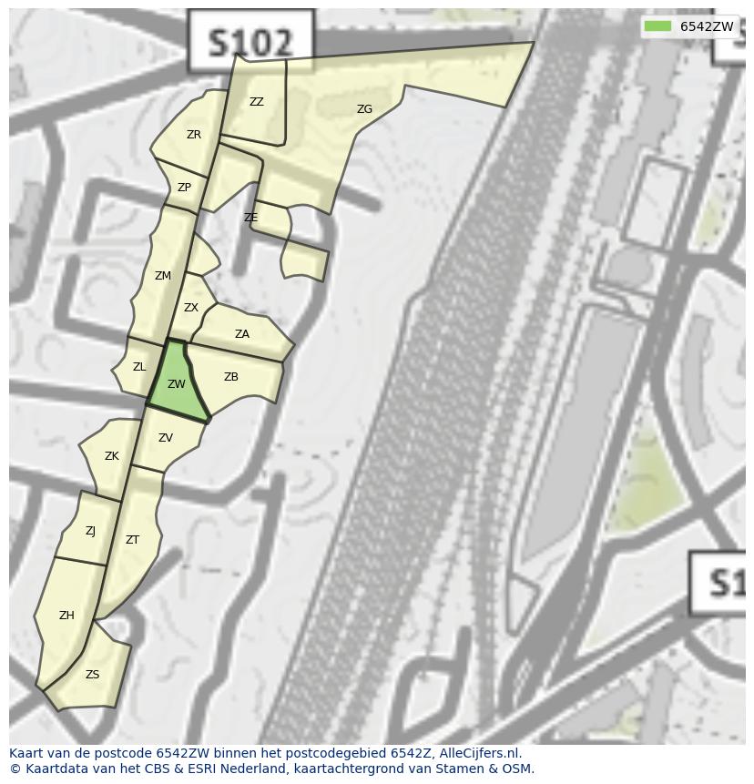 Afbeelding van het postcodegebied 6542 ZW op de kaart.
