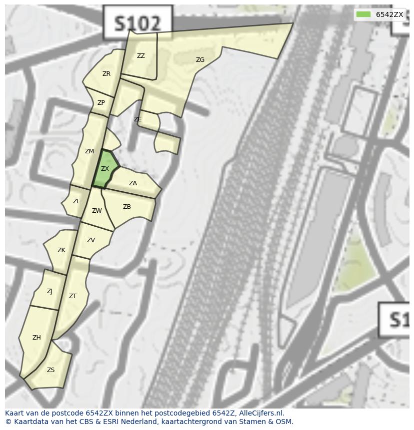 Afbeelding van het postcodegebied 6542 ZX op de kaart.