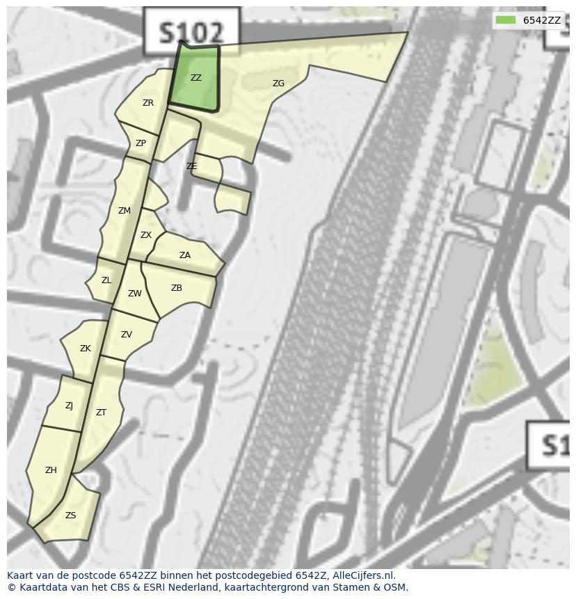 Afbeelding van het postcodegebied 6542 ZZ op de kaart.