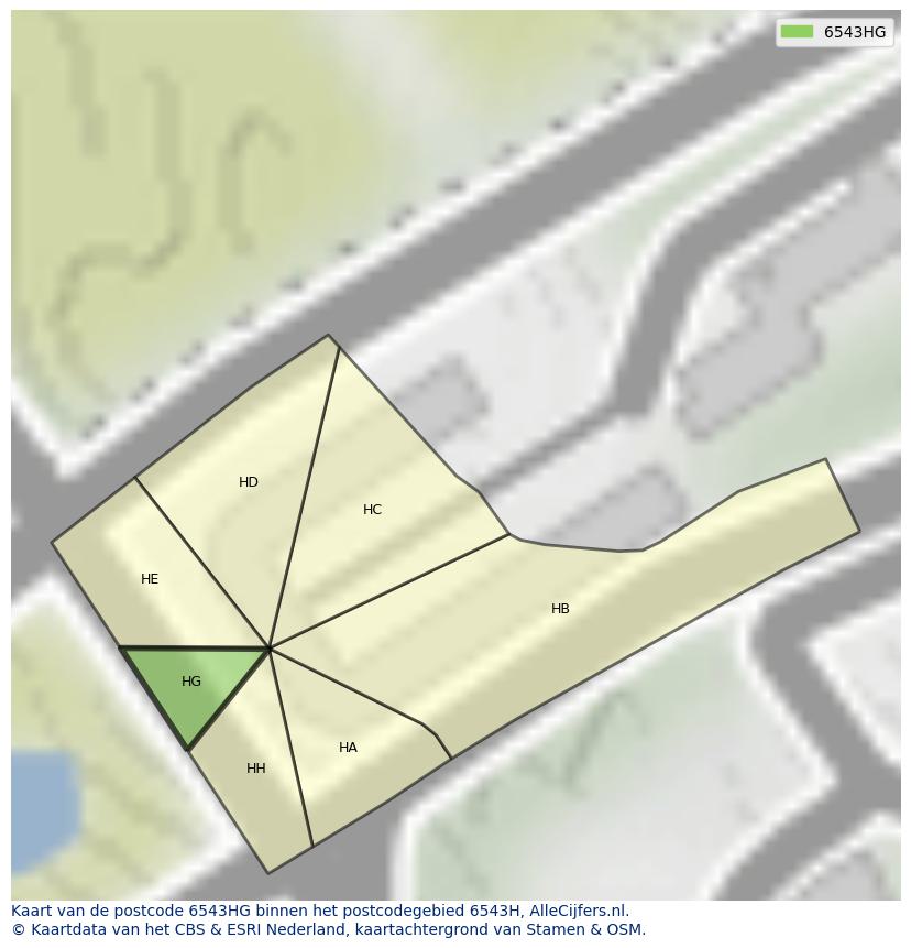 Afbeelding van het postcodegebied 6543 HG op de kaart.
