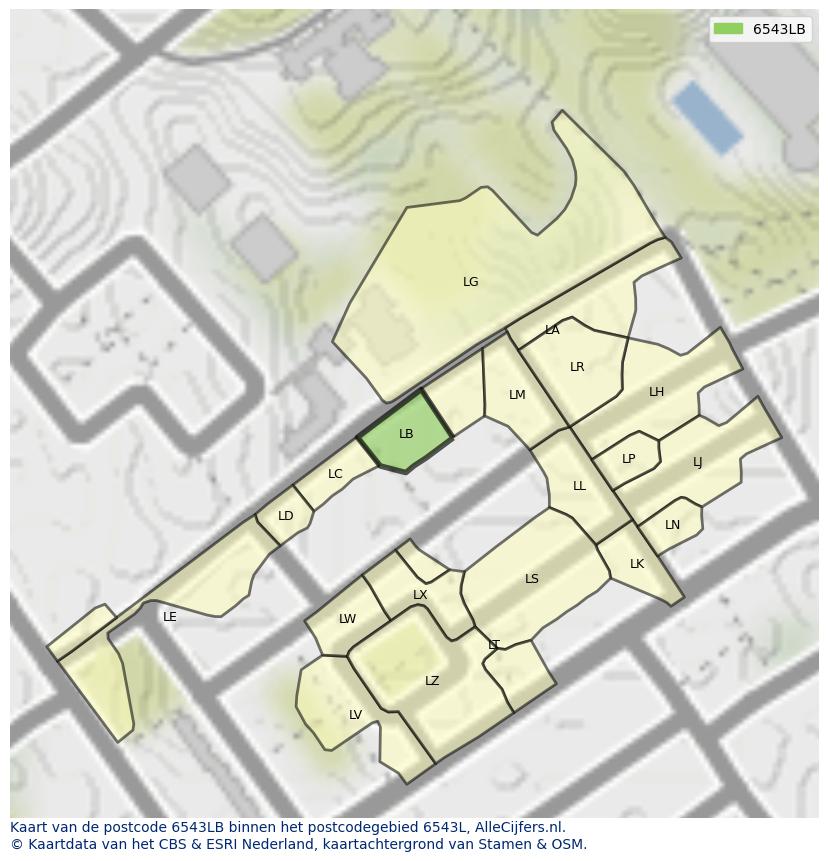 Afbeelding van het postcodegebied 6543 LB op de kaart.