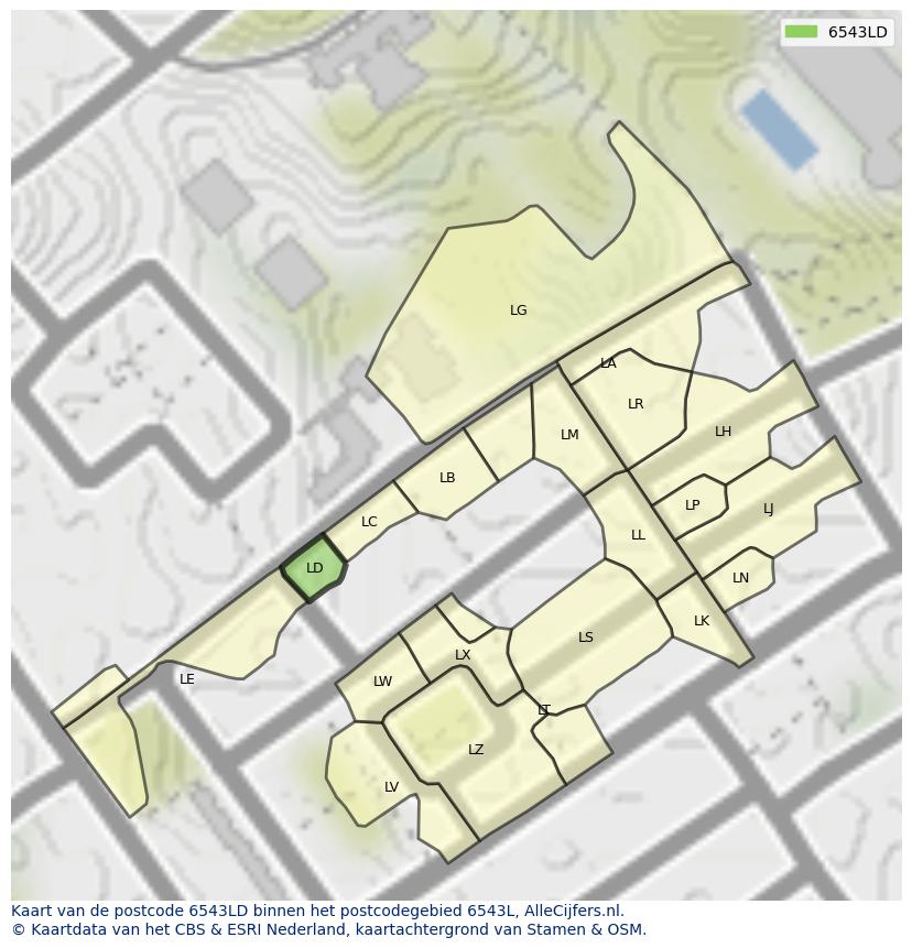 Afbeelding van het postcodegebied 6543 LD op de kaart.
