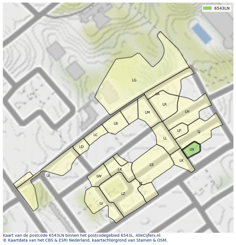 Afbeelding van het postcodegebied 6543 LN op de kaart.