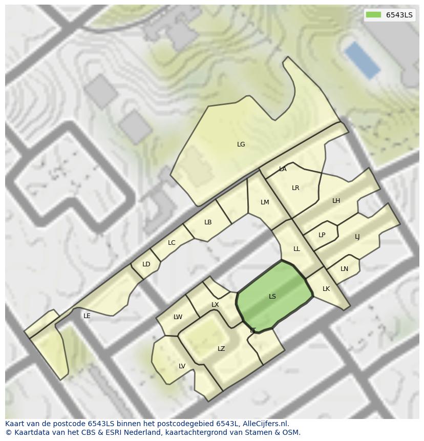 Afbeelding van het postcodegebied 6543 LS op de kaart.